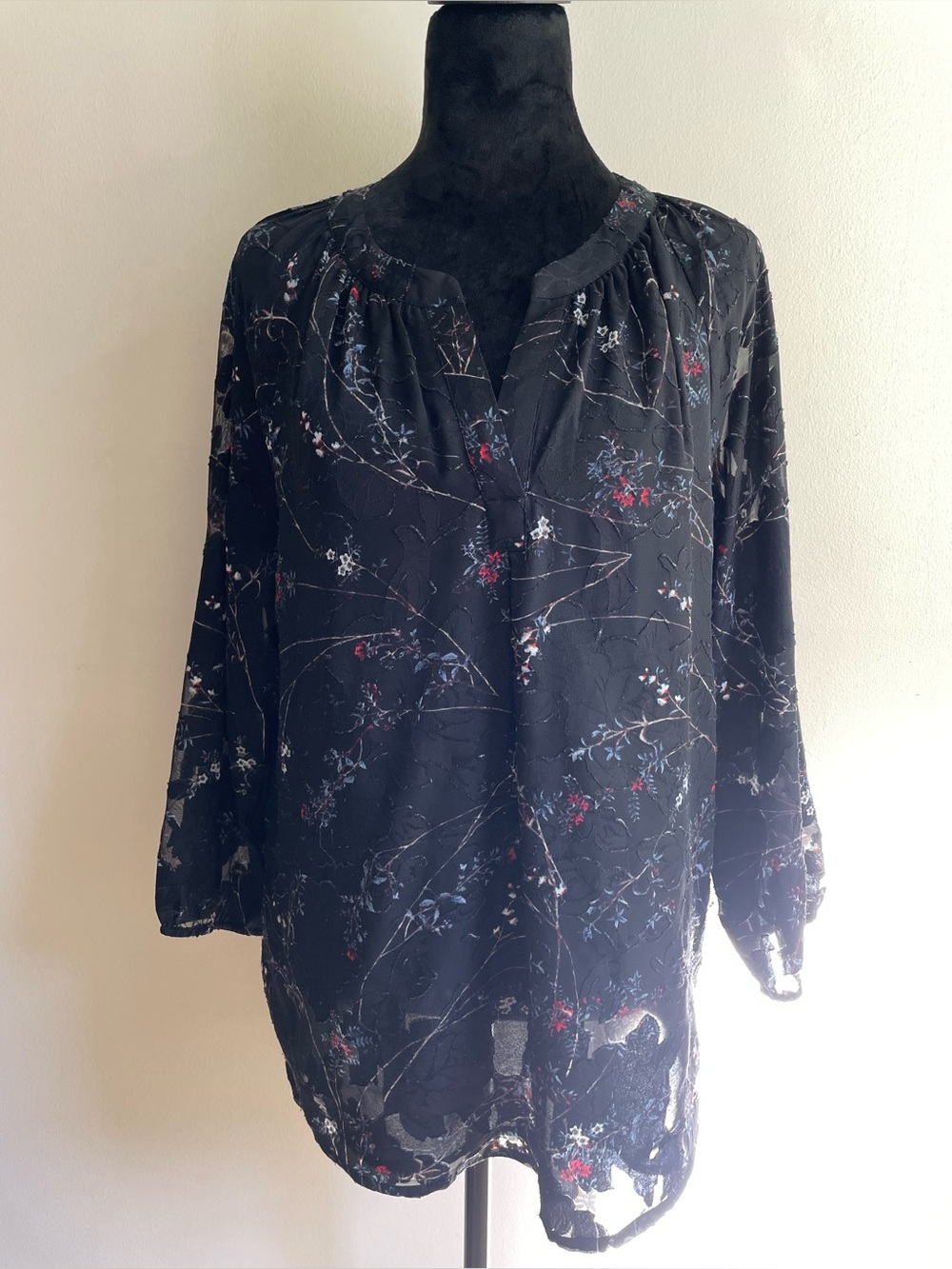 Ivanka Trump Burnout Floral Chiffon Blouse Black Long Sleeve XL Boho Romantic